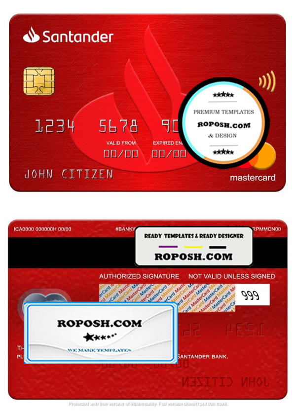 Spain Santander bank mastercard, fully editable template in PSD format