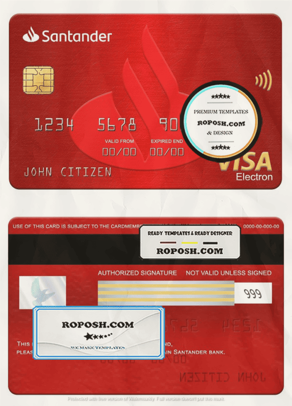 Spain Santander bank visa electron card, fully editable template in PSD format