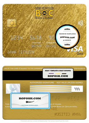 Sri Lanka Bank of Ceylon bank visa gold card, fully editable template in PSD format