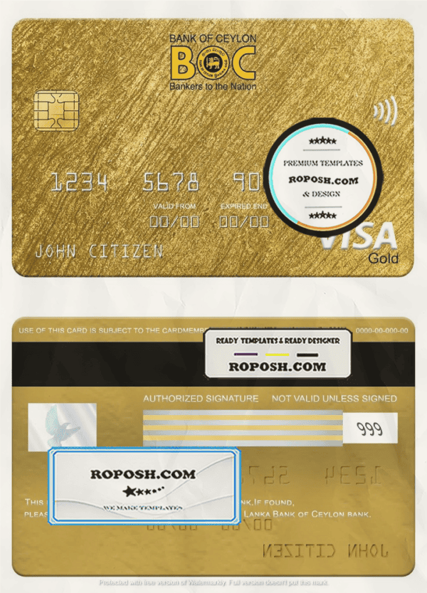 Sri Lanka Bank of Ceylon bank visa gold card, fully editable template in PSD format