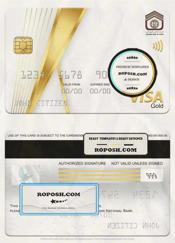 Sudan National Bank visa gold card, fully editable template in PSD format