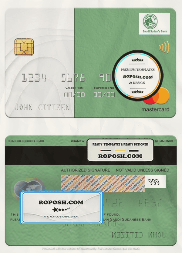 Sudan Saudi Sudanese Bank mastercard, fully editable template in PSD format