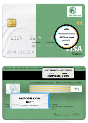 Sudan Saudi Sudanese Bank visa classic card, fully editable template in PSD format