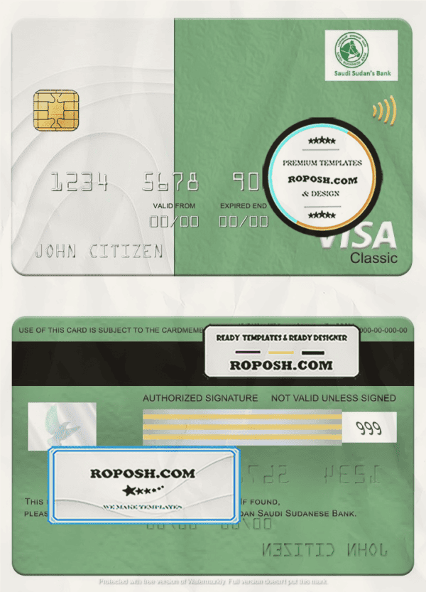 Sudan Saudi Sudanese Bank visa classic card, fully editable template in PSD format