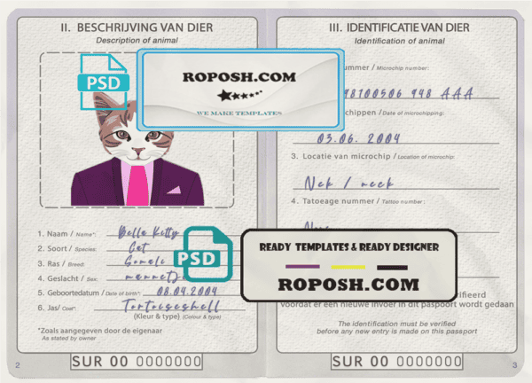 Suriname cat (animal, pet) passport PSD template, fully editable