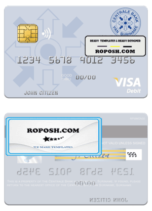 Suriname Centrale Bank van Suriname visa debit card template in PSD format