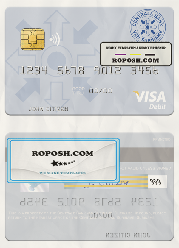 Suriname Centrale Bank van Suriname visa debit card template in PSD format scan effect