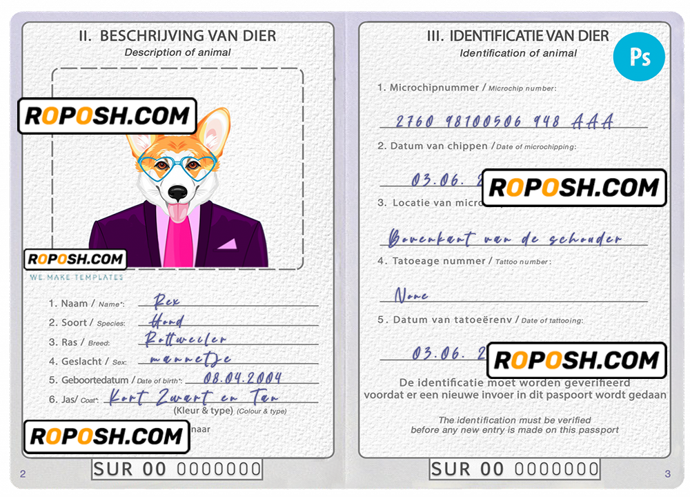 Suriname dog (animal, pet) passport PSD template, fully editable
