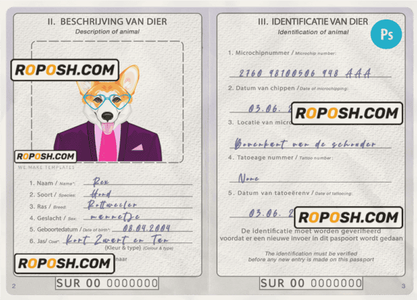 Suriname dog (animal, pet) passport PSD template, fully editable