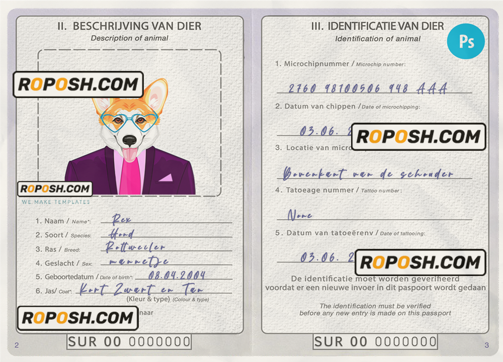 Suriname dog (animal, pet) passport PSD template, fully editable scan effect