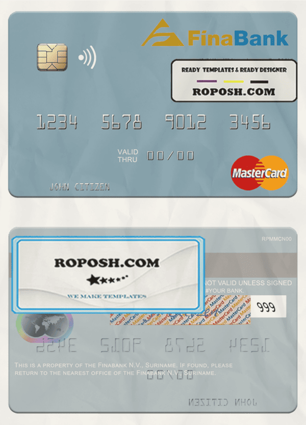 Suriname Finabank N.V. mastercard template in PSD format