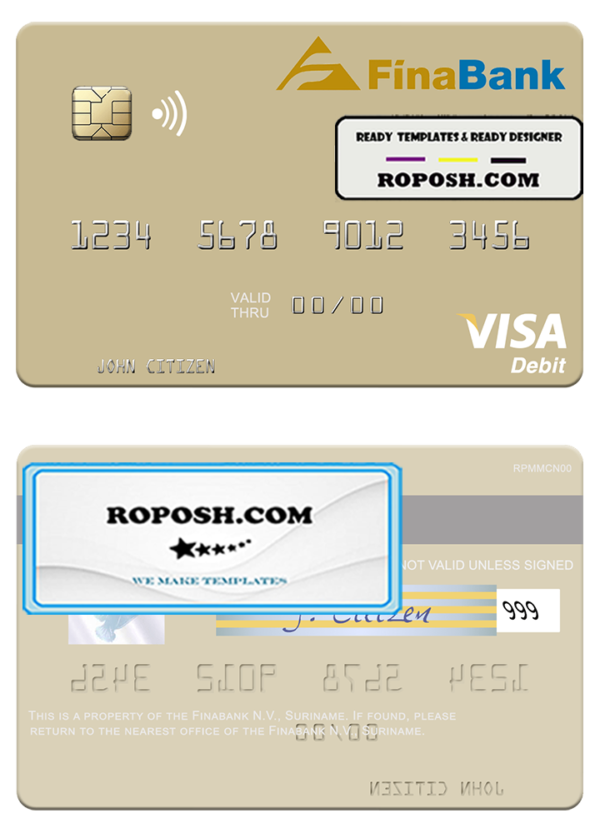 Suriname Finabank N.V. visa debit card template in PSD format