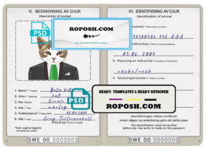 Sweden cat (animal, pet) passport PSD template, completely editable