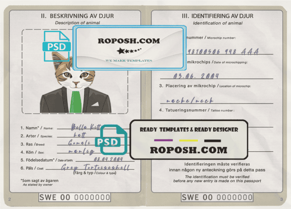 Sweden cat (animal, pet) passport PSD template, completely editable
