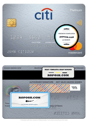 Sweden Citibank mastercard platinum, fully editable template in PSD format