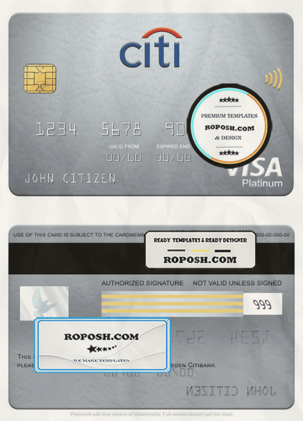 Sweden Citibank visa platinum card, fully editable template in PSD format