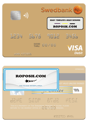 Sweden Swedbank visa debit card template in PSD format