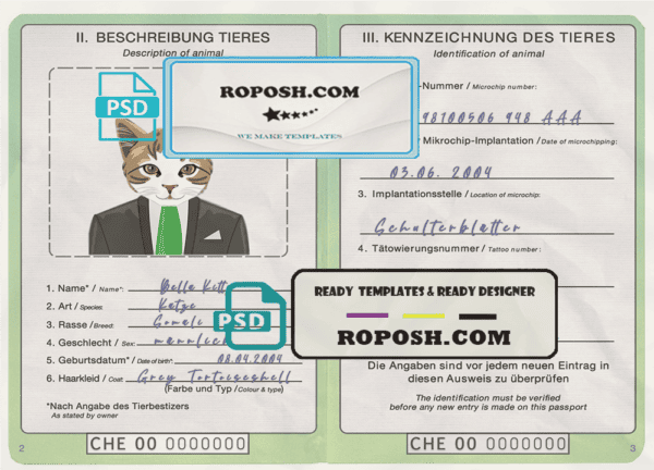 Switzerland cat (animal, pet) passport PSD template, fully editable