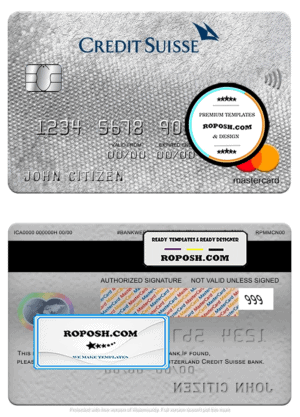 Switzerland Credit Suisse bank mastercard, fully editable template in PSD format
