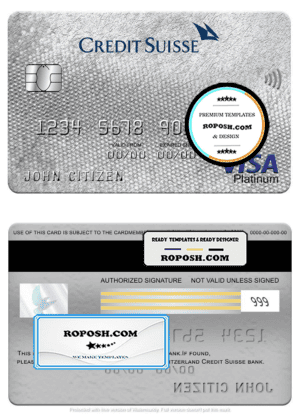 Switzerland Credit Suisse bank visa platinum card, fully editable template in PSD format
