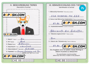 Switzerland dog (animal, pet) passport PSD template, fully editable