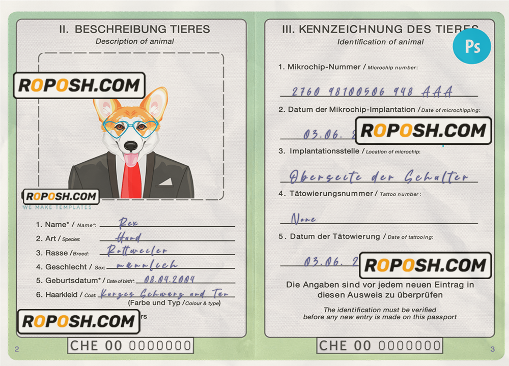 Switzerland dog (animal, pet) passport PSD template, fully editable scan effect