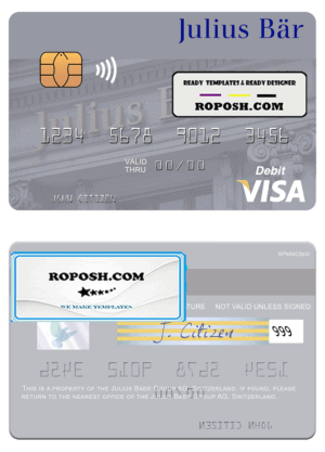 Switzerland Julius Baer Group AG visa debit card template in PSD format