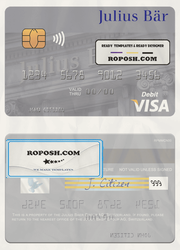 Switzerland Julius Baer Group AG visa debit card template in PSD format