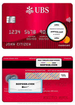 Switzerland UBS bank mastercard, fully editable template in PSD format