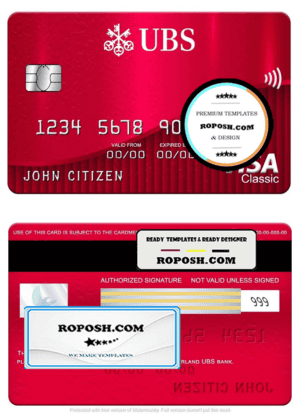Switzerland UBS bank visa classic card, fully editable template in PSD format