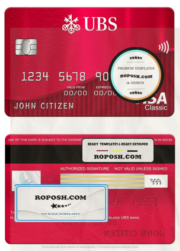 Switzerland UBS bank visa classic card, fully editable template in PSD format