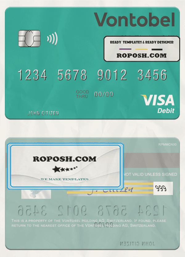 Switzerland Vontobel Holding AG visa debit card template in PSD format