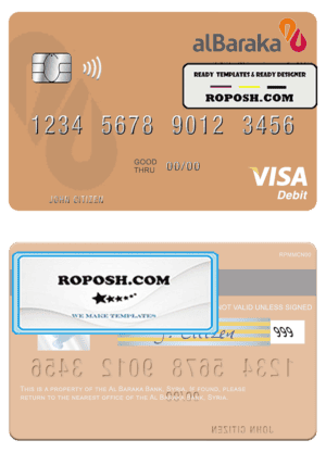 Syria Al Baraka Bank visa debit card template in PSD format