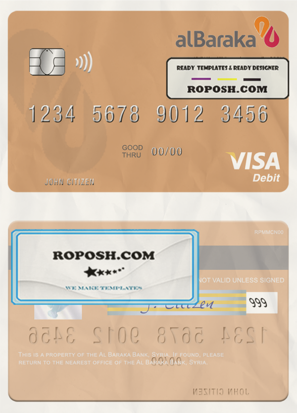 Syria Al Baraka Bank visa debit card template in PSD format scan effect