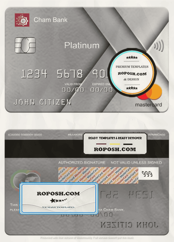 Syria Cham Bank mastercard platinum, fully editable template in PSD format