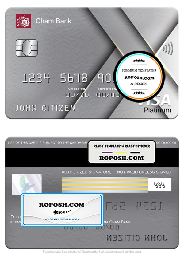 Syria Cham Bank visa platinum card, fully editable template in PSD format