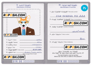 Syria dog (animal, pet) passport PSD template, completely editable
