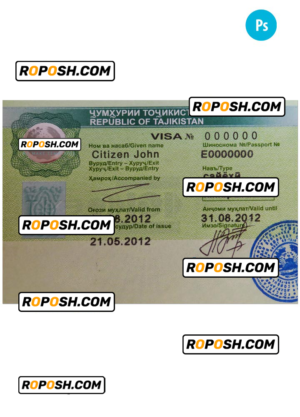 Tajikistan travel visa PSD template, with fonts