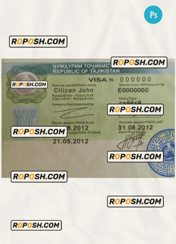 Tajikistan travel visa PSD template, with fonts