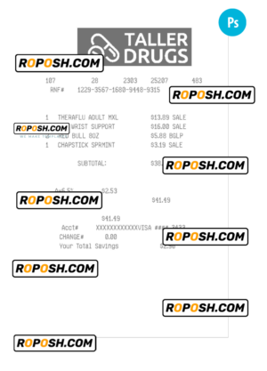 TALLER DRUGS payment receipt PSD template