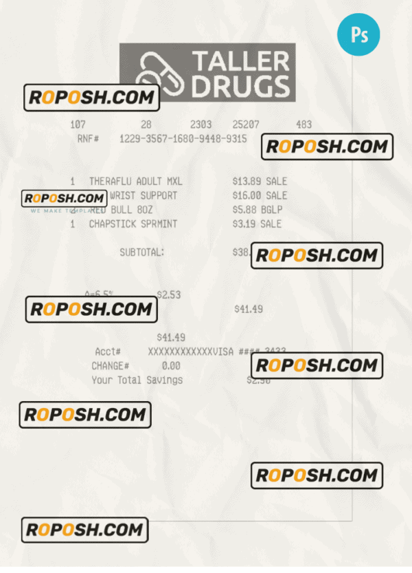 TALLER DRUGS payment receipt PSD template