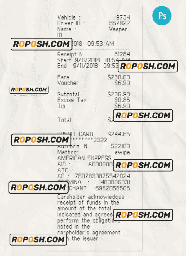 TAXI payment receipt template PSD template