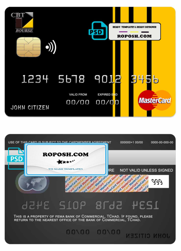 Chad Commercial bank mastercard template in PSD format, fully editable