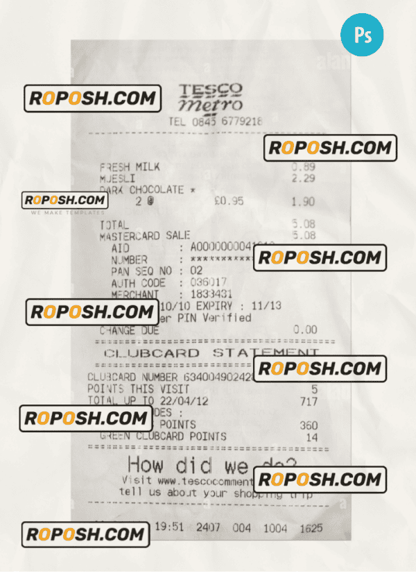 TESCO payment receipt PSD template