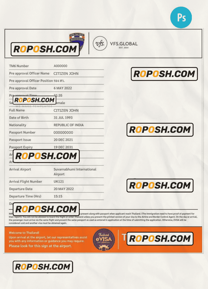 THAILAND electronic travel visa PSD template, with fonts THAILAND electronic travel visa PSD template, with fonts