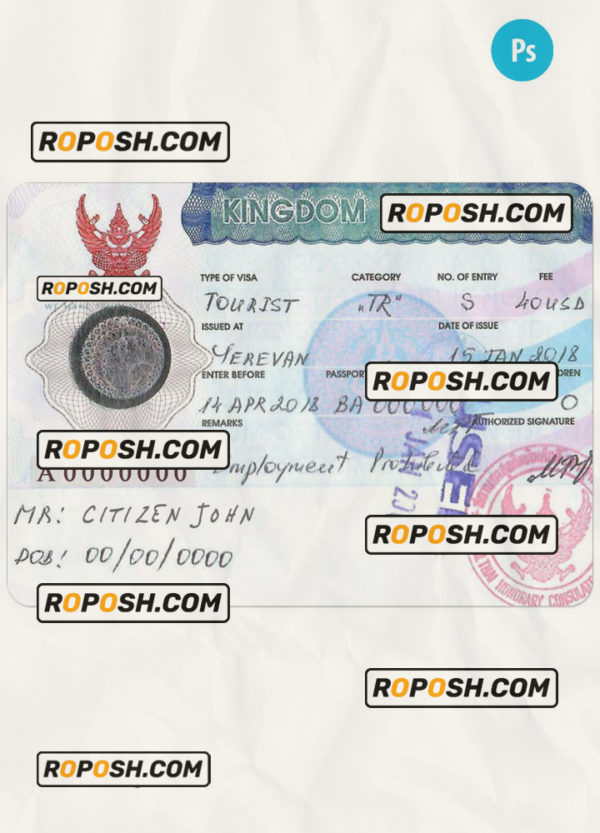 THAILAND tourist visa PSD template, version 2 scan effect