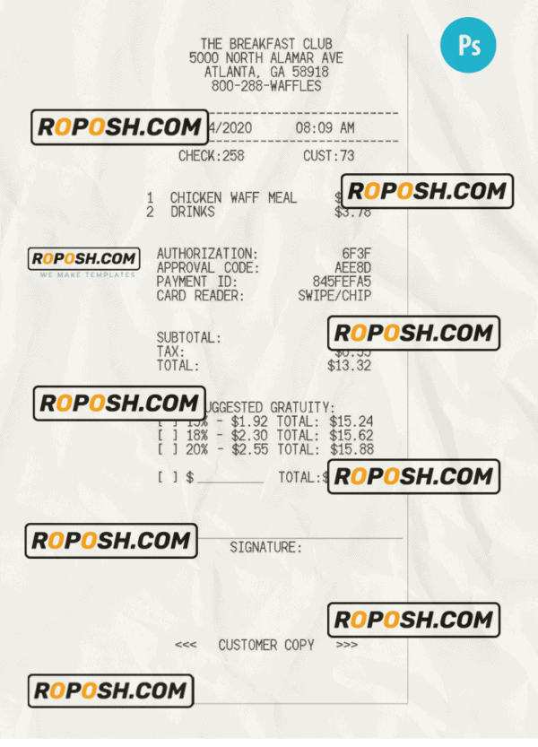 THE BREAKFAST CLUB receipt PSD template