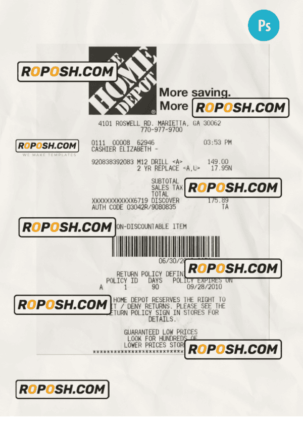 THE HOME DEPOT payment receipt PSD template