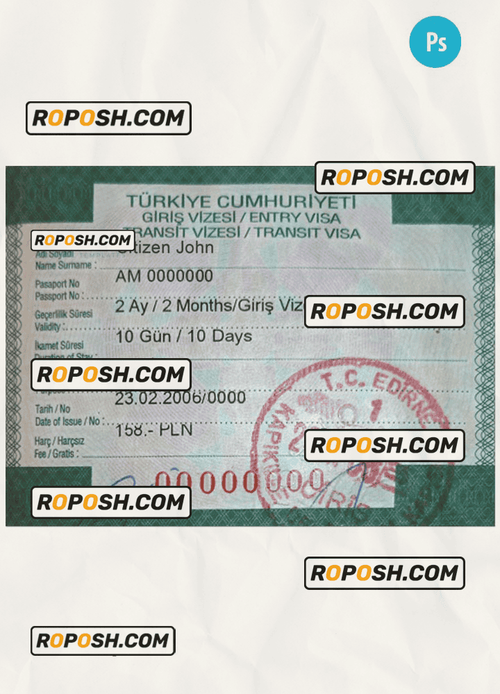 TURKEY entry visa PSD template, fully editable TURKEY entry visa PSD template, fully editable
