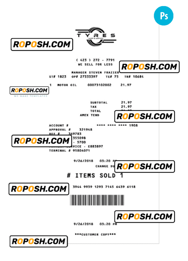 TYRES SHOP payment receipt PSD template